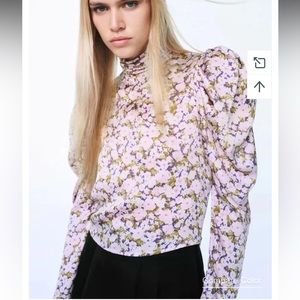 Zara floral high neck puff sleeve blouse